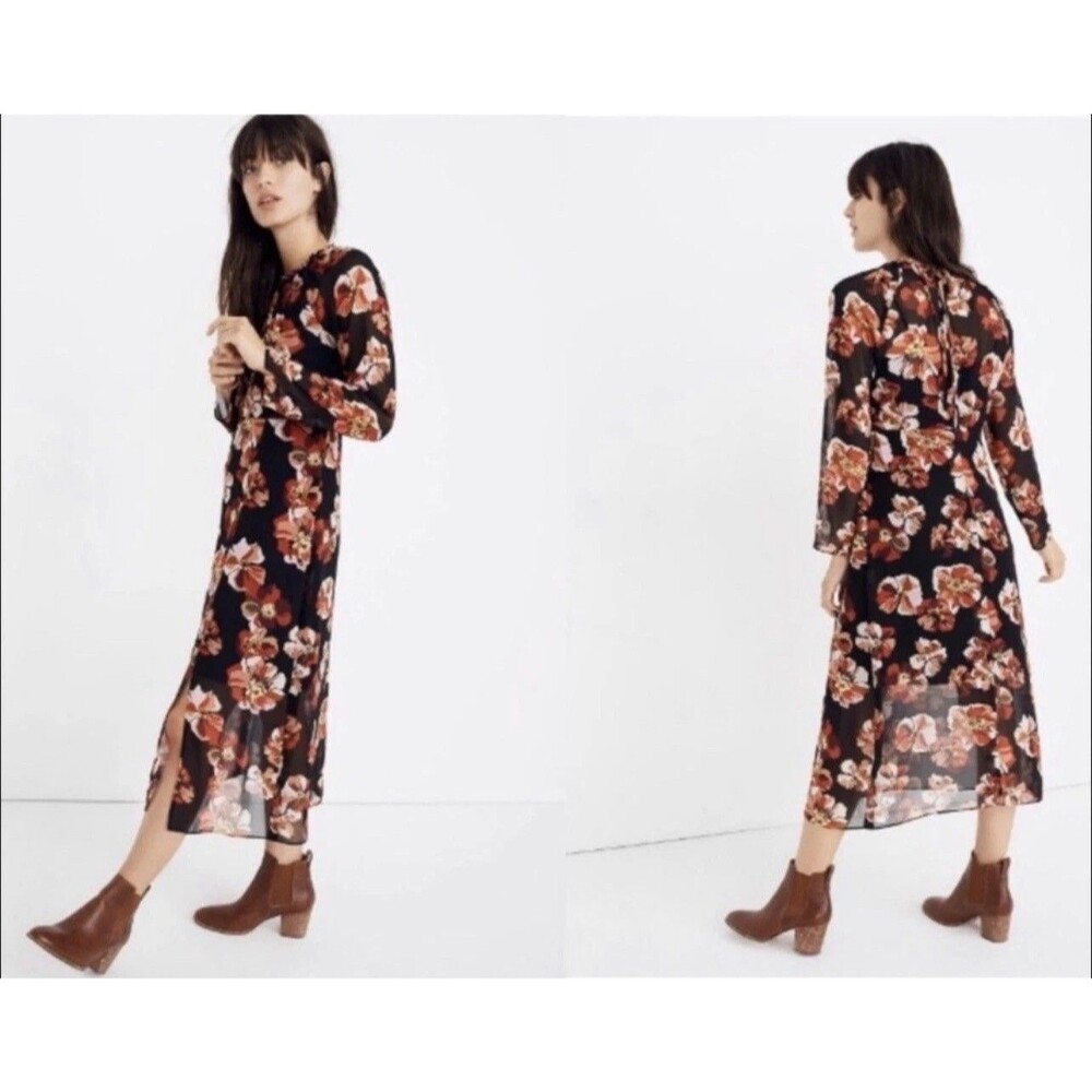 MADEWELL Shirred Midi Dress S French Rose Floral Print Black Long Sleeve NWT B77